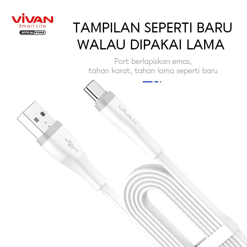 KABEL DATA VIVAN Kabel Data Type C Fast Charging SC 30CM 100CM 200CM 2.4A Quick Charge Flat Design White