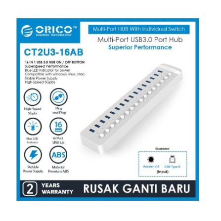 Usb 3.0 hub Orico 16 Port industrial on off Switch ABS 5Gbps Adapter ct2U3-16ab - Terminal usb3.0 16 slot saklar