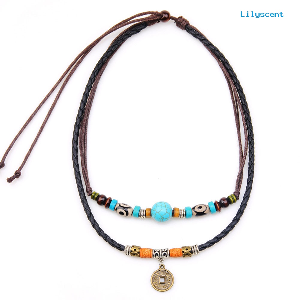 Kalung Choker Multilayer Dengan Liontin Koin Manik-Manik Turquoise Imitasi Untuk Pria