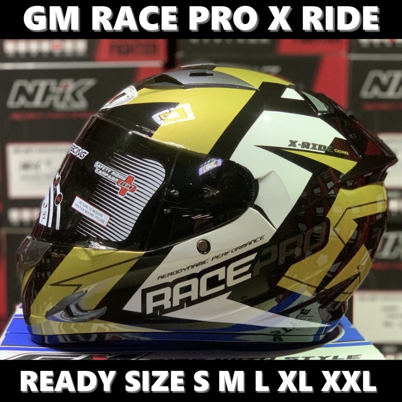 Helm GM Full Face Fullface Race Pro X Ride Black Gold Glossy SNI Dewasa Pria Wanita Helmet Original