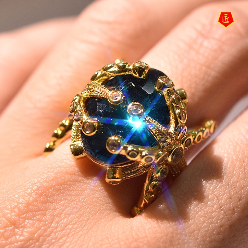 [Ready Stock]18K Gold Blue Topaz Starfish Ring Luxurious and Personalized