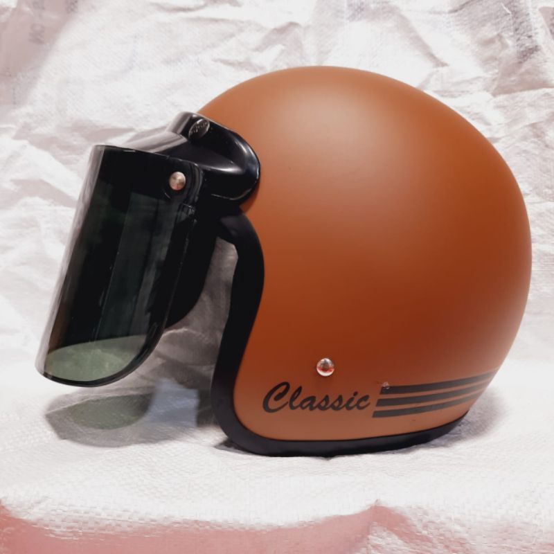 COD HELM BOGO DEWASA CLASIC GARIS  DEWASA POLOS GARIS KACA FLAT DATAR DAN KACA CEMBUNG-Coklat dop