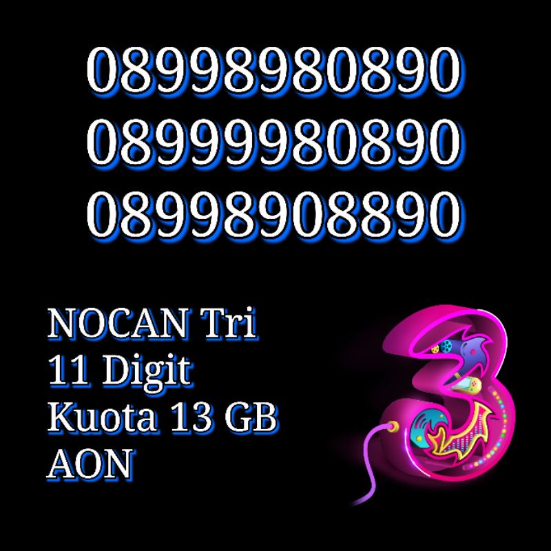 NOCAN Nomor Cantik 11 Digit terdiri dari angka 0, 8 & 9 Kartu Perdana 3 Tri Three 4G LTE