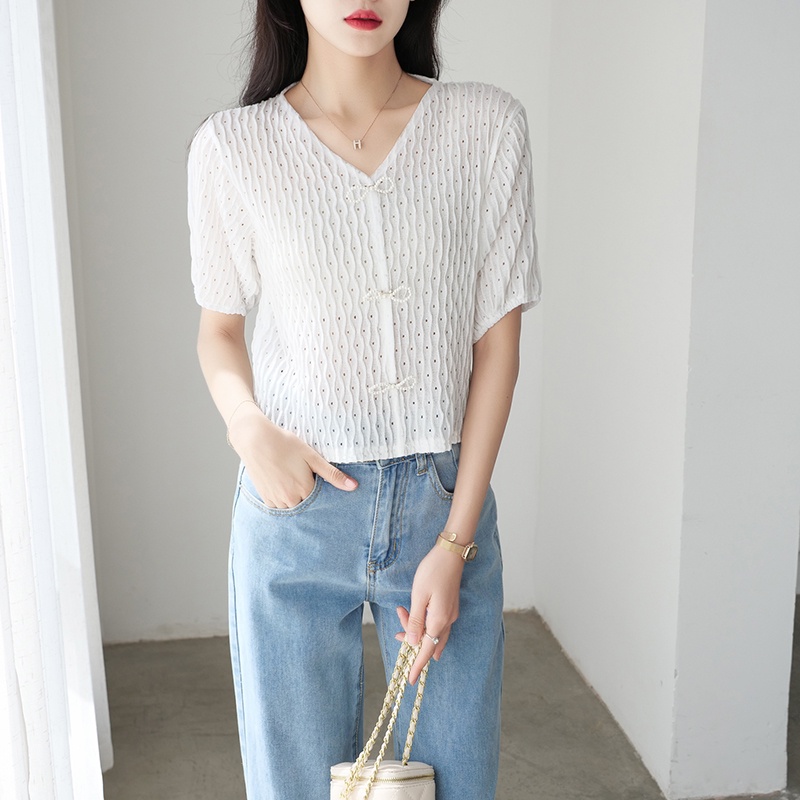 【Elegant】Soft Knitted Solid Faux Pearl Decor V-Neck  T-Shirt  7378