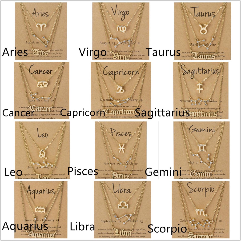 Preva 3 Pcs 3 Pcs Kalung Perhiasan Zodiak Layer Kalung Lapis Emas Aquarius