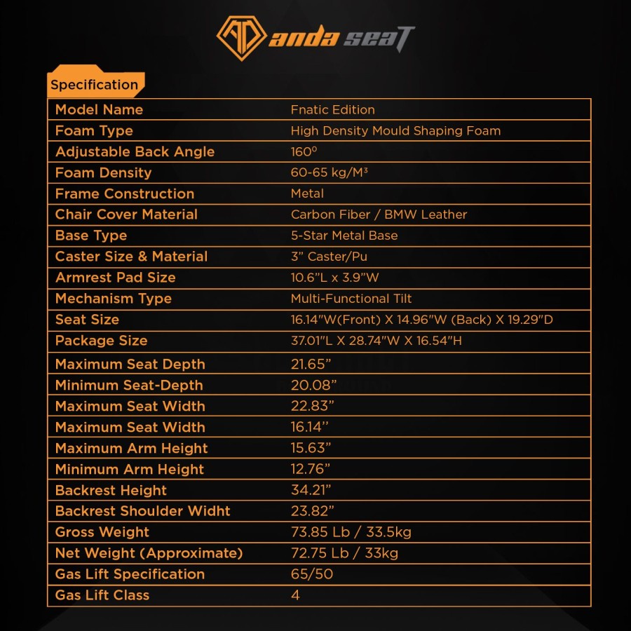 ANDASEAT Fnatic Edition Premium - Gaming Chair - Black Orange