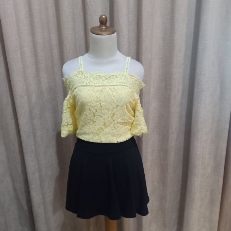 atasan wanita sabrina brokat lace mewah kuning pastel cute cewek M blouse super lucu korean style