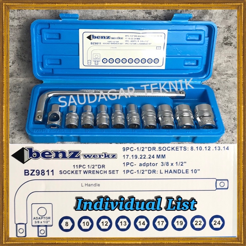 Kunci Sok Set 11 Pcs 1/2&quot; 6PT Benz Shock Sock Set Socket Wrench Set 1/2 Inch 6 PT