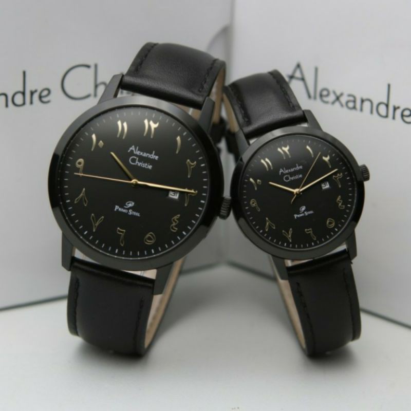 Jam Couple Pria Wanita Alexandre Christie AC 1024 ac1024 Arabic Black 2 Leather Original 40-30mm