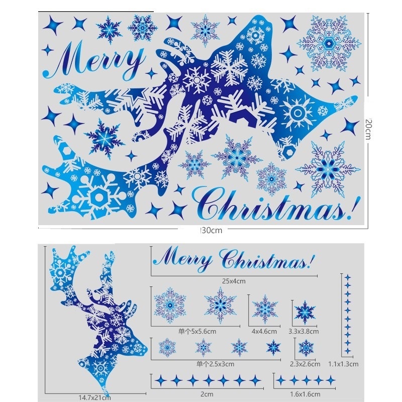 Stiker Jendela Elektrostatis Bahan pvc Tahan Air Motif Rusa snowflake Natal Warna Biru Untuk Dekorasi