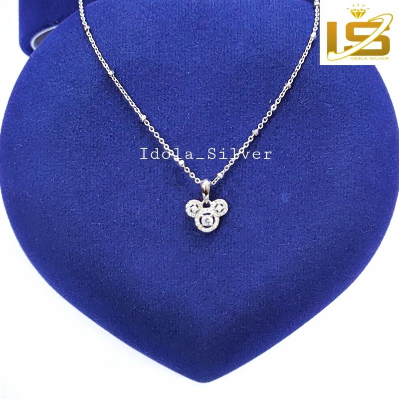 KALUNG ANAK PERAK ASLI SILVER 925 LAPIS EMAS PUTIH LIONTIN MICKEY MOUSE PERMATA KELILING - PERHIASAN ANAK