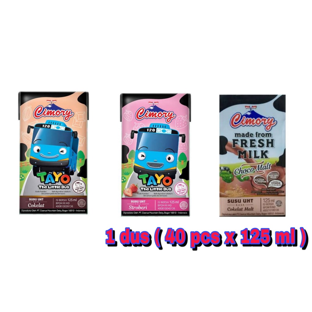 

cimory susu UHT fresh milk per dus isi ( 40 pcs x 125 ml ) rasa cokelat, strawberry dan cokelat malt