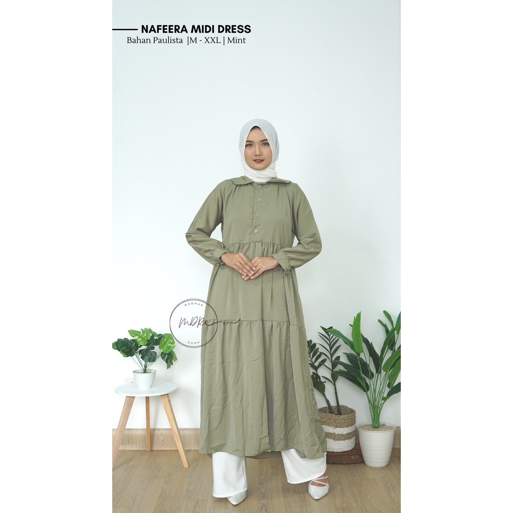 Nafeera Midi Dress Wanita Muslim Busui Jumbo Lengan Panjang Bahan Paulista Premium Size M L XL XXL Motif Polos Terbaru  Long Tunik rempel susun remaja Kekinian 2022