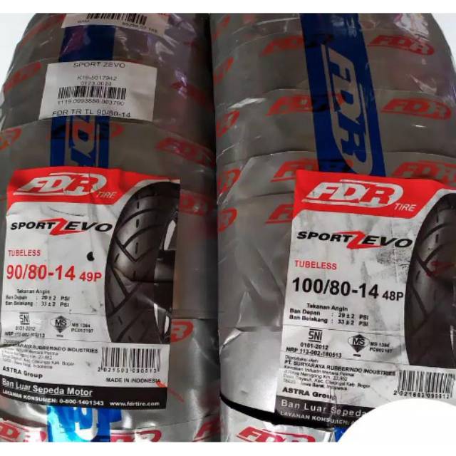 Paket ban tubeless FDR sport Zevo UK 90/80-14 dan 100/80-14 for Vario 125/beat esp/Mio J/Mio M3/GT