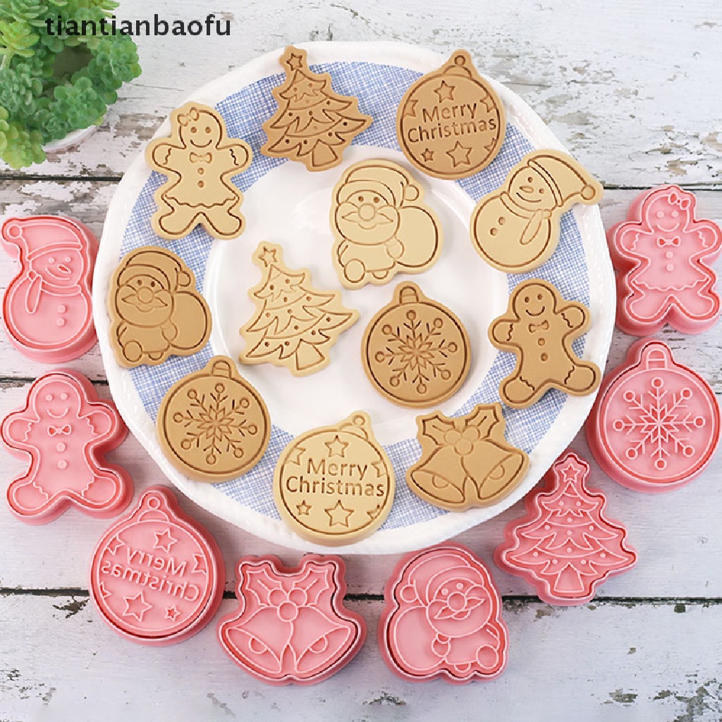 8pcs Cetakan Pemotong Kue / Biskuit Bentuk Stempel Natal 3D