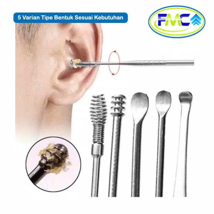 Korek Kuping Set Stainless Steel Anti Karat 5 Pcs Pembersih Telinga Ear Wax Set Premium Anti Karat 5 Bentuk Variasi