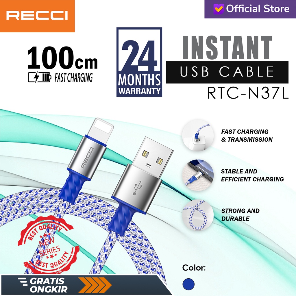 KABEL USB Recci INSTANT RTC- N37 TYPE C BLUE FAST CHARGING 100 CM