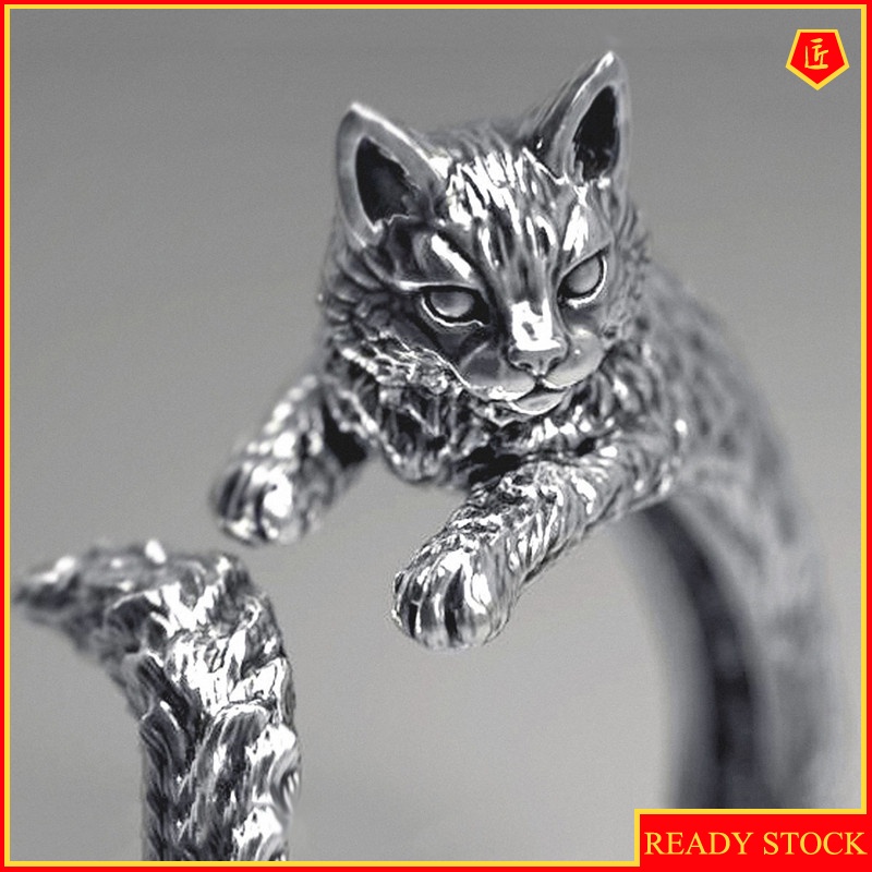 [Ready Stock]Women's S925 Silver Black Retro Cute Cat Ring