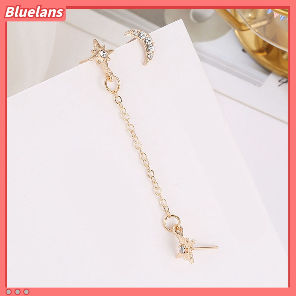 Bluelans 2Pcs Earring Vintage Moon Star Chain Rhinestone Alloy Unique Ear Stud for Women