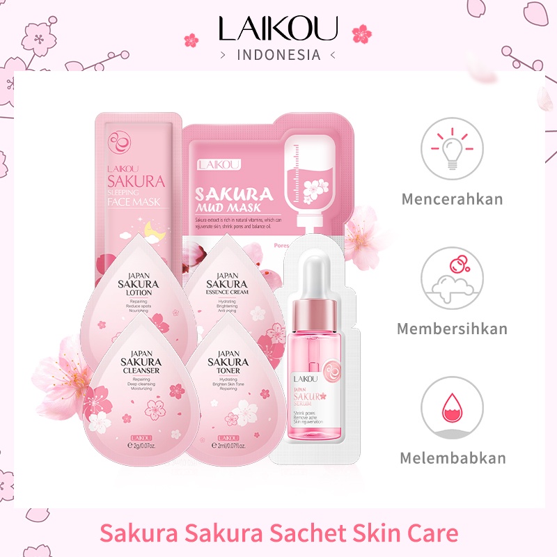 LAIKOU Sakura Mud Mask Sachet Glowing Serum Krim Wajah Toner Foam Pembersih