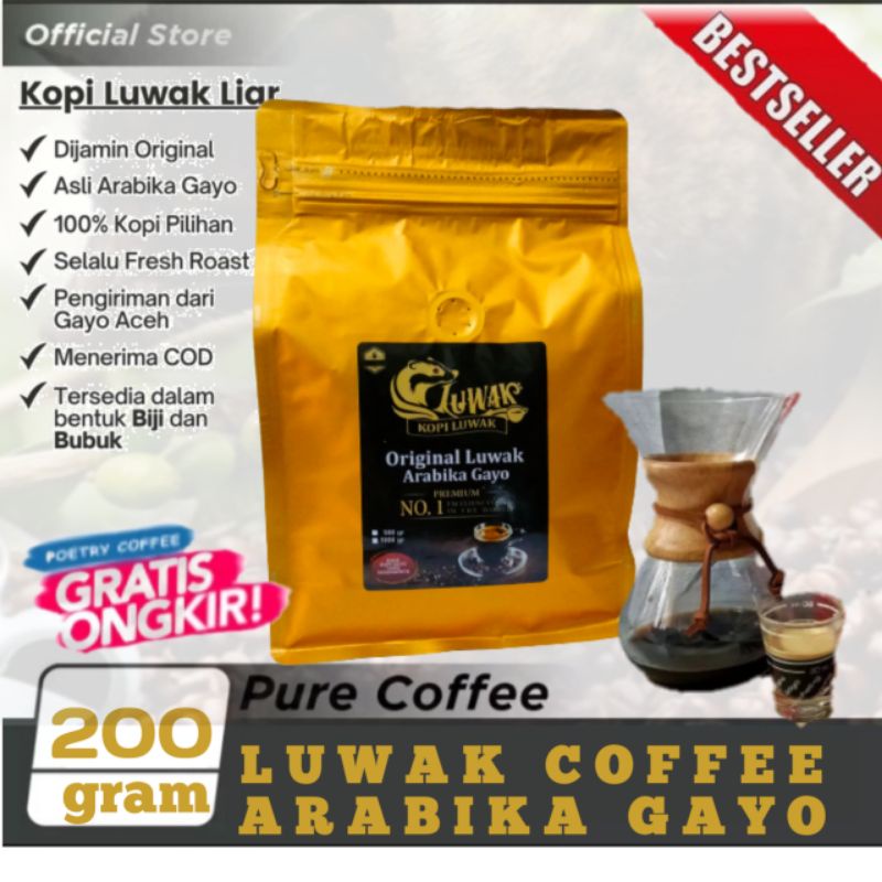 

KOPI LUWAK LIAR ASLI ARABIKA GAYO ACEH ORIGINAL 200gram BIJI HITAM BUBUK HALUS MURNI 100% ARABICA COFFEE TAKENGON AMAN DI LAMBUNG TERMURAH TERLARIS produk dari tanah RENCONG ACEH ASLI OLEH OLEH KHAS OLSHOP TOKO BANDA ACEH.