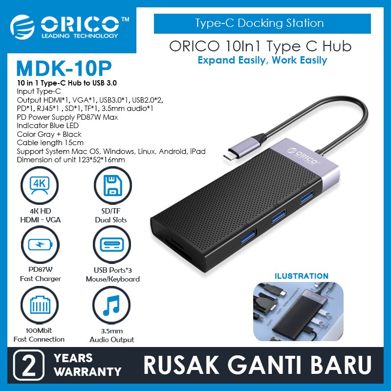 ORICO MDK-10P 10In1 Type C Hub HDMI VGA USB 3.0 2.0 PD RJ45 SD TF AUX