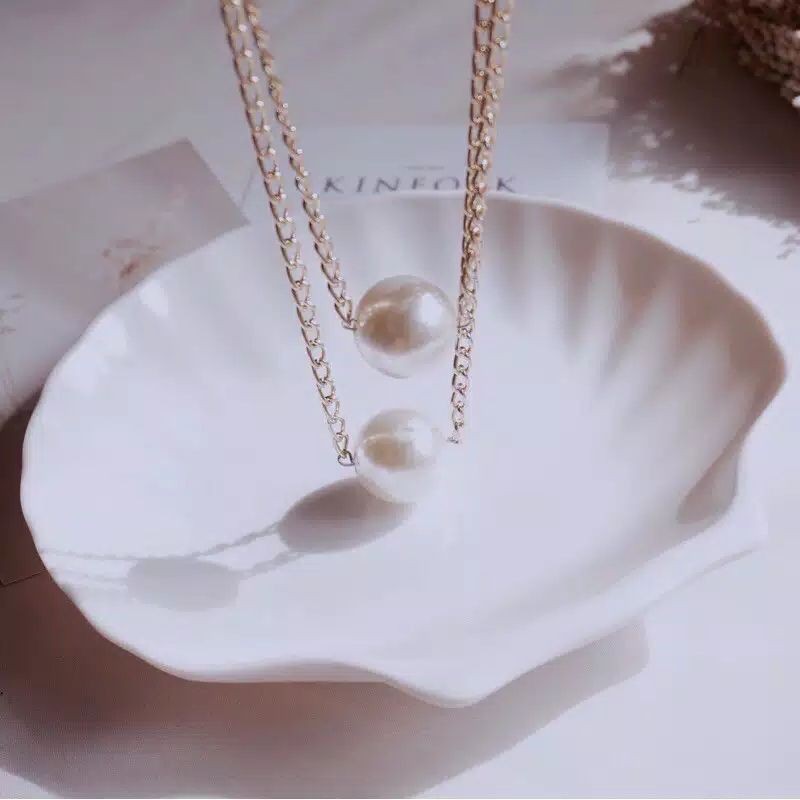 Kalung Korea Panjang Double Layer Mutiara Besar Jumbo Susun Kalung Hijab Multilayer Pearl Korean Necklace
