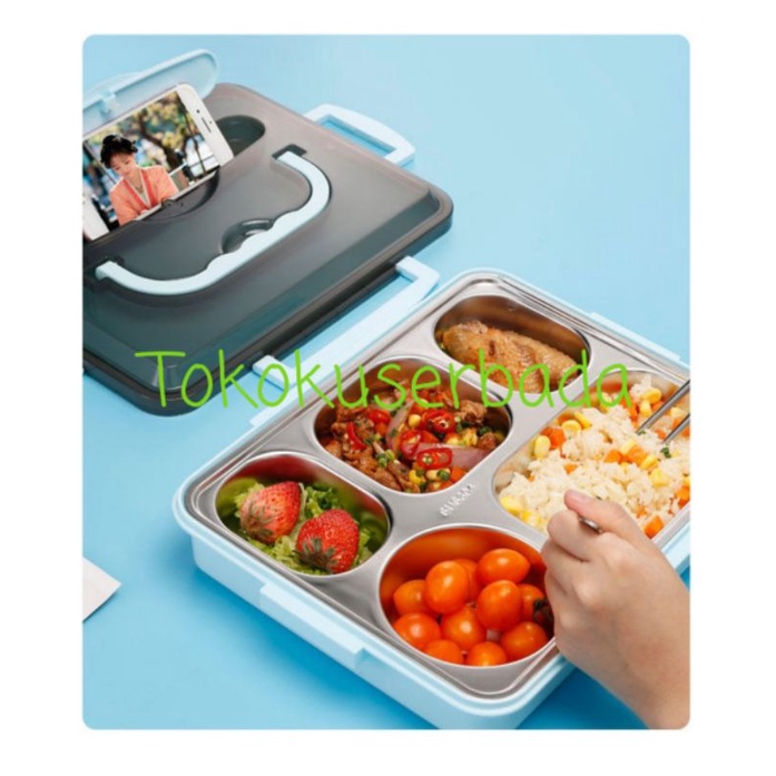 Jual Lunch Box Set Sekat 5 Stainless Steel 304 Tahan Panas AntiTumpah