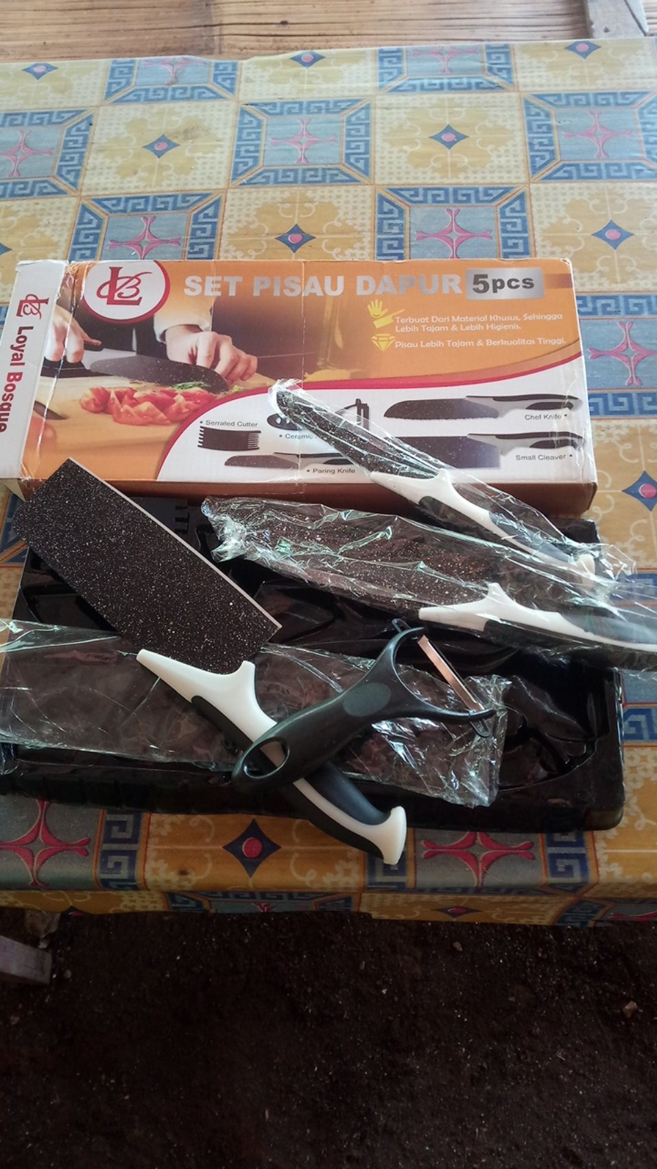 Pisau Set 5 In 1 Hitam / Cleaver / Paring Knife / Peeler / Serrated Cutter / Pisau Dapur Murah J13
