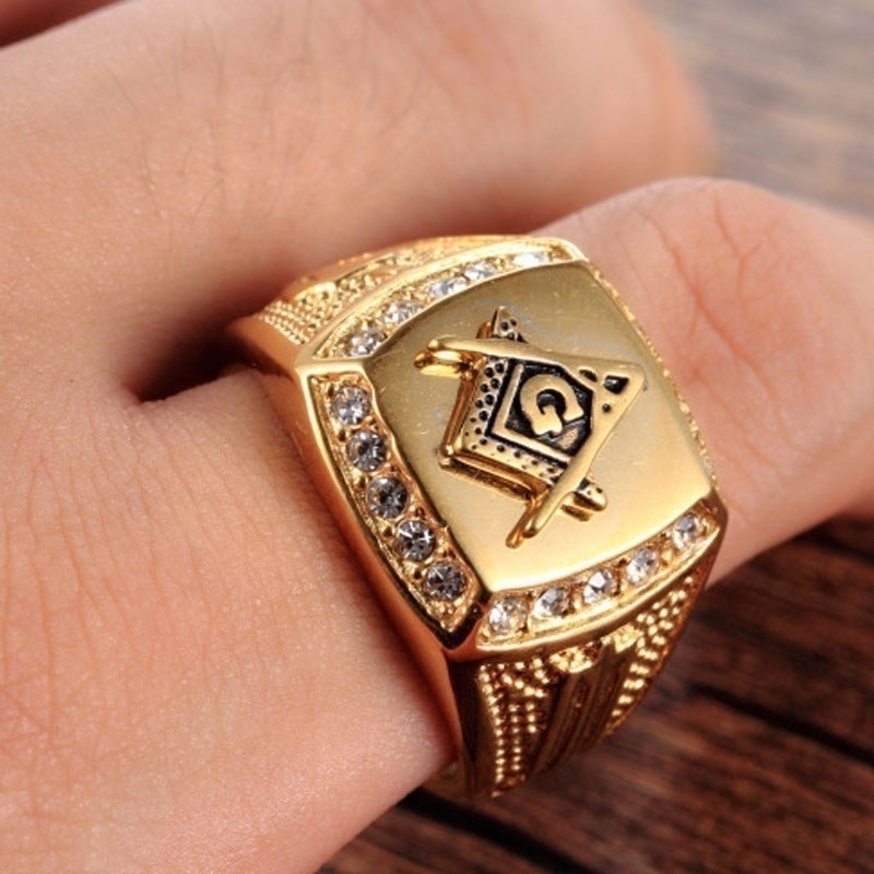 Cincin Berlian Masonic Klasik Mewah Bahan Stainless Steel Warna Emas Ukuran US 7-14