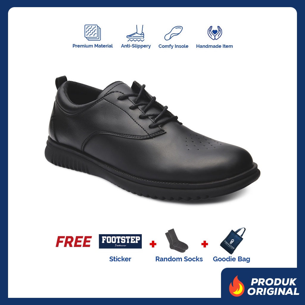 ARSANA PRABU BLACK ORIGINAL x FOOTSTEP Sepatu Formal Full Hitam Tali Pria Pantofel Kerja Kantor Dinas Resmi Guru Kantoran Pesta Undangan Wedding Kondangan Nikah Wisuda Kuliah Modern Casual Derby Oxford Semi Kulit Premium Footwear Keren Terbaru Kekinian