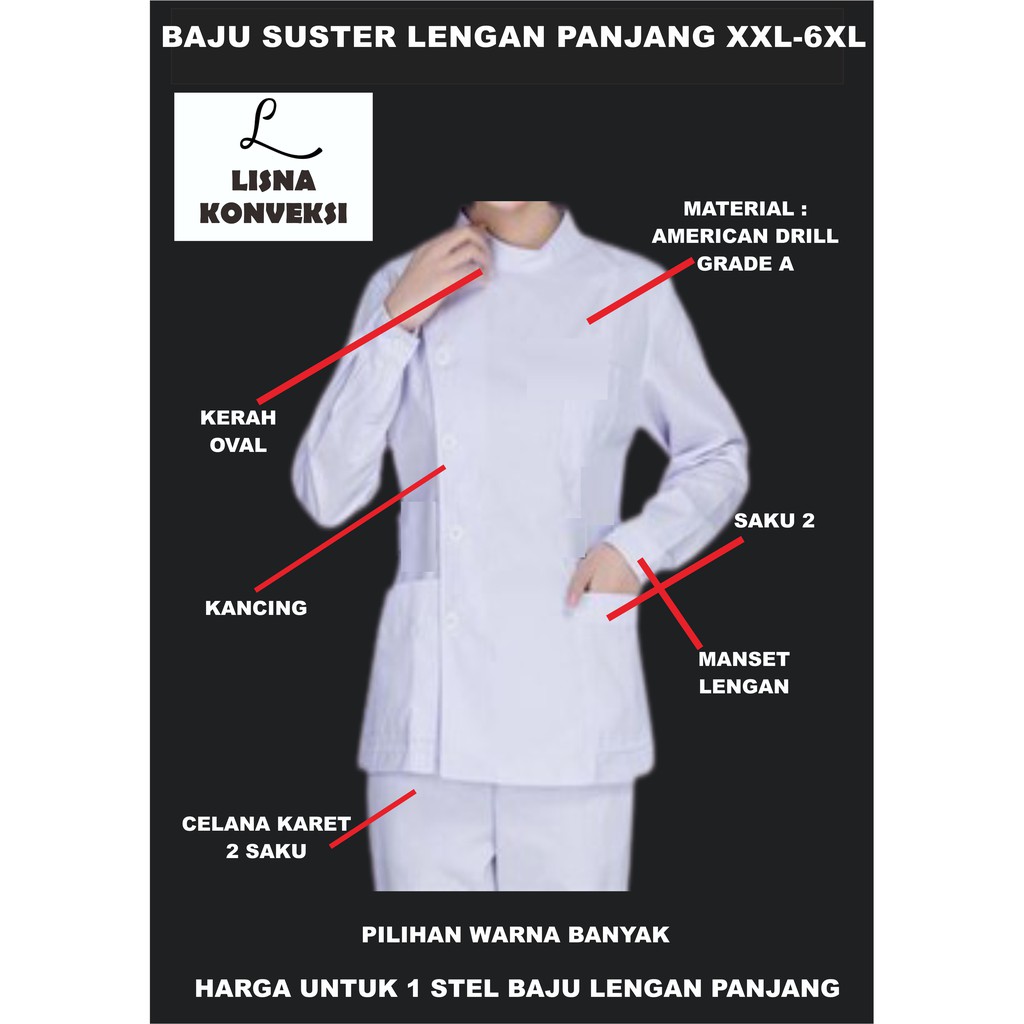 Baju Suster Perawat Bidan APD OKA Lengan Panjang Kancing Samping XXL-6XL