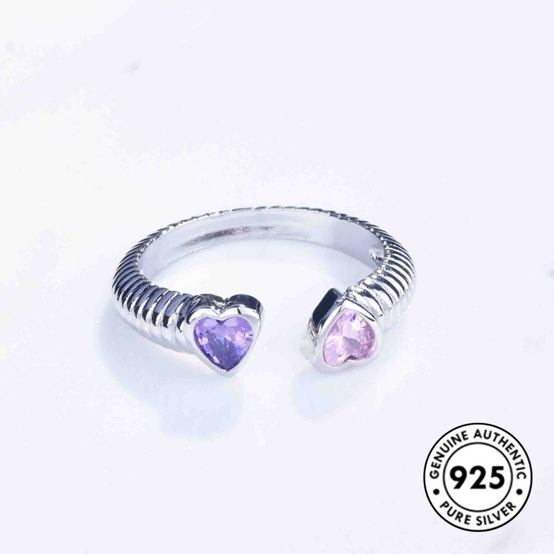 Cincin Sterling Silver 925 Model Terbuka Motif Hati + Bunga Dengan Berlian Imitasi Untuk Wanita