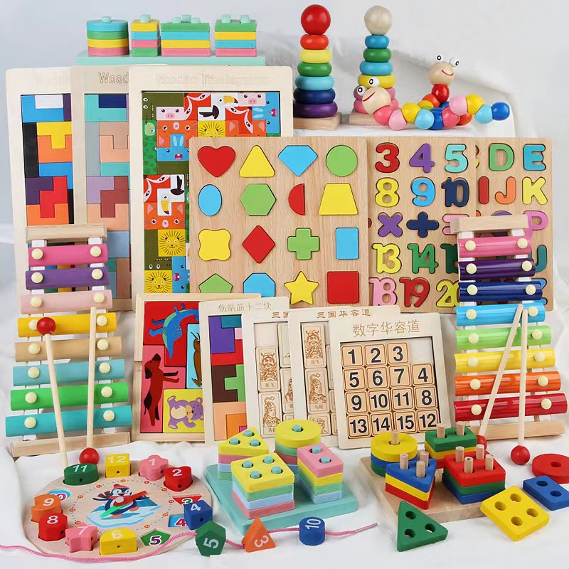 HAPPYTOYS.888 Mainan Edukasi Anak Basic Shape Kayu Balok Geometri Puzzle 3D Montessori Sensory Xylophone Jam Angka