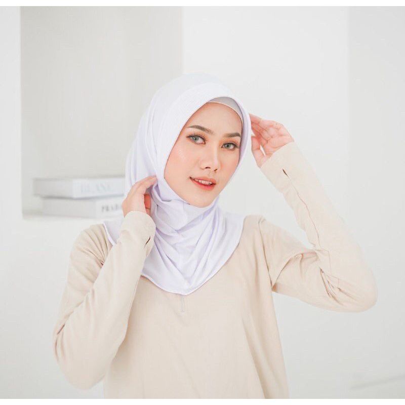 Hijab Sport | Jilbab Kerudung Instan Sporty | Olahraga volly Gym Lari Renang | hijab Jersey premium-Putih