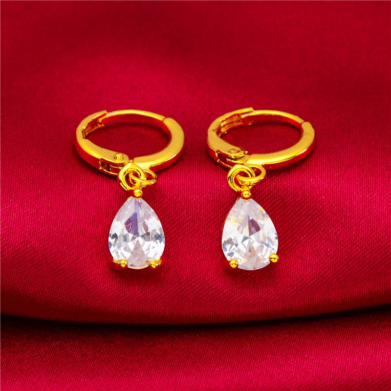 Anting Drop Manik-Manik Ruby Emerald Sapphire 24K Gold Plated Gaya Bangkok Untuk Wanita