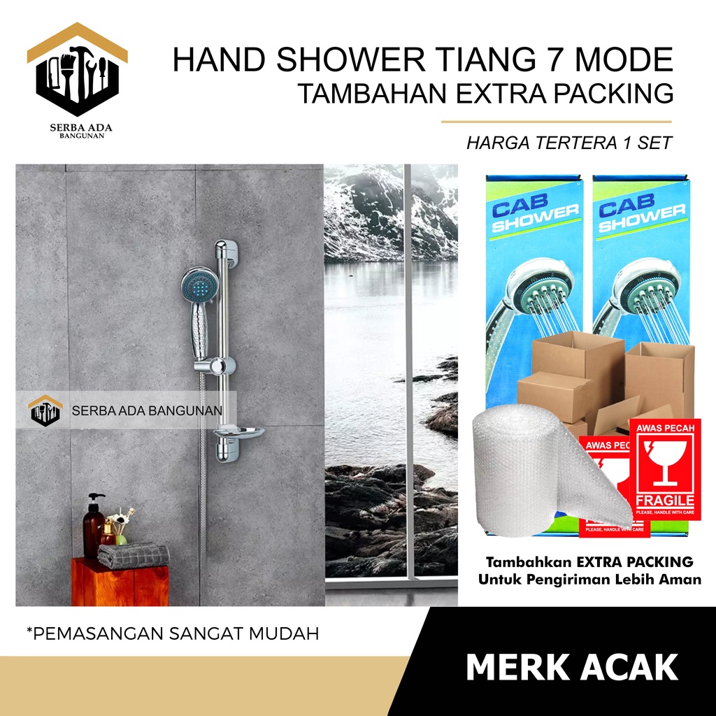 HAND SHOWER TIANG SET + KRAN CABANG PERLENGKAPAN MANDI FULL SET SILVER 6 PCS - STANDING KAMAR MANDI SUPER CAKEP