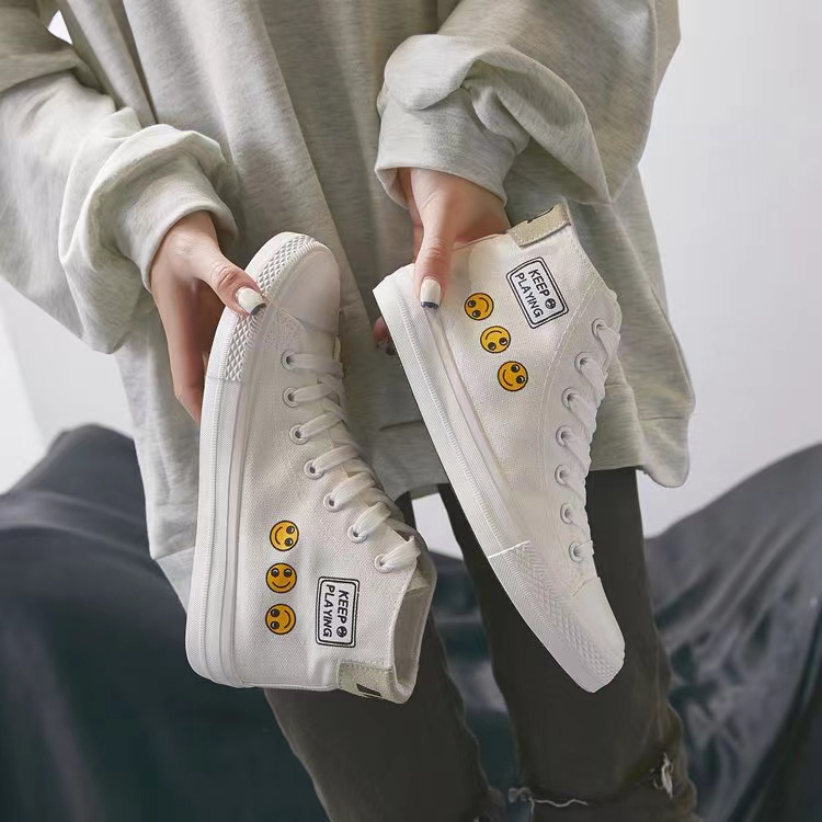 MEFoot ID Sepatu Wanita Sneakers Import Korea Model High Top Bahan
Kanvas Warna Putih Logo Smile C5P
