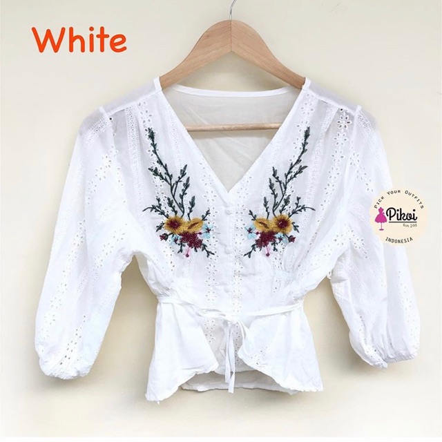Baju putih bordir / blouse bordir cantik / blouse katun murah / lengan panjang / baju bohemian /2115