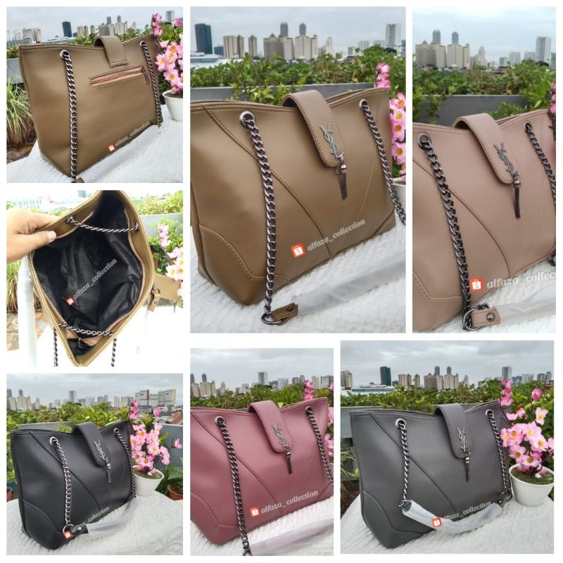 Tas Tote wanita tali rantai bahan polos mewah ukuran P34xT22