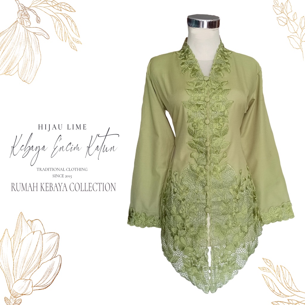 Kebaya Encim Kartini Katun Bordir Modern Hijau Sage Lime Senada Lengan Panjang Bigsize Jumbo