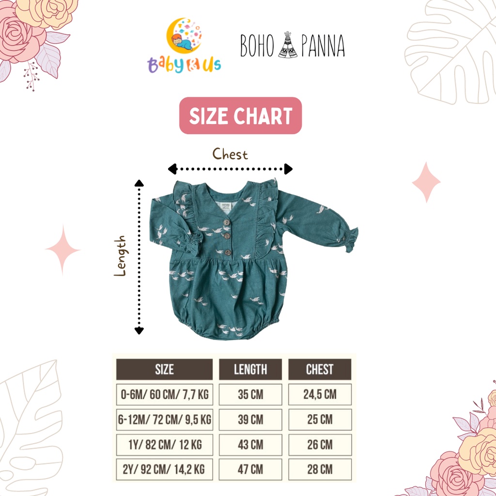 Bohopanna Long Ara Bodysuit - Jumper Bodysuit Anak Perempuan 0-6, 6-12 bulan, 1, 2 tahun Boho Baby Bohobaby