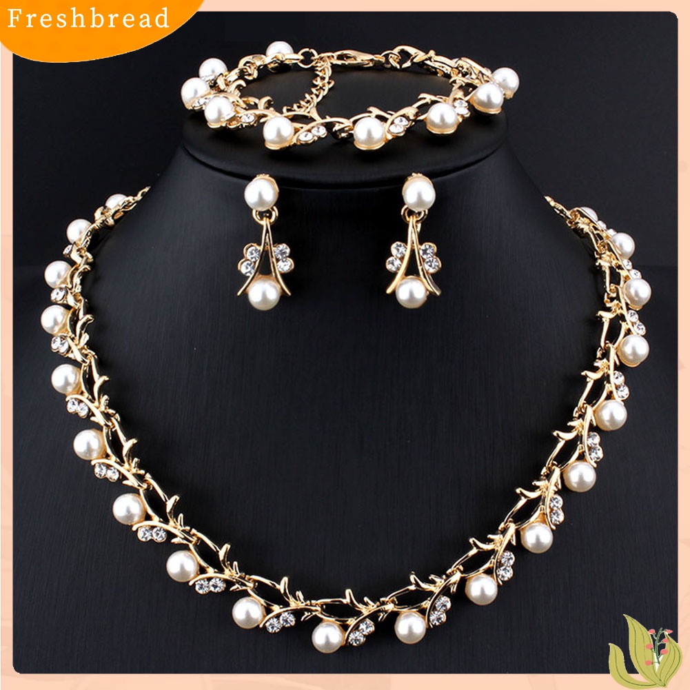 Terlaris Elegant Faux Pearl Rhinestone Necklace Earrings Bracelet Bridal Jewelry Gift