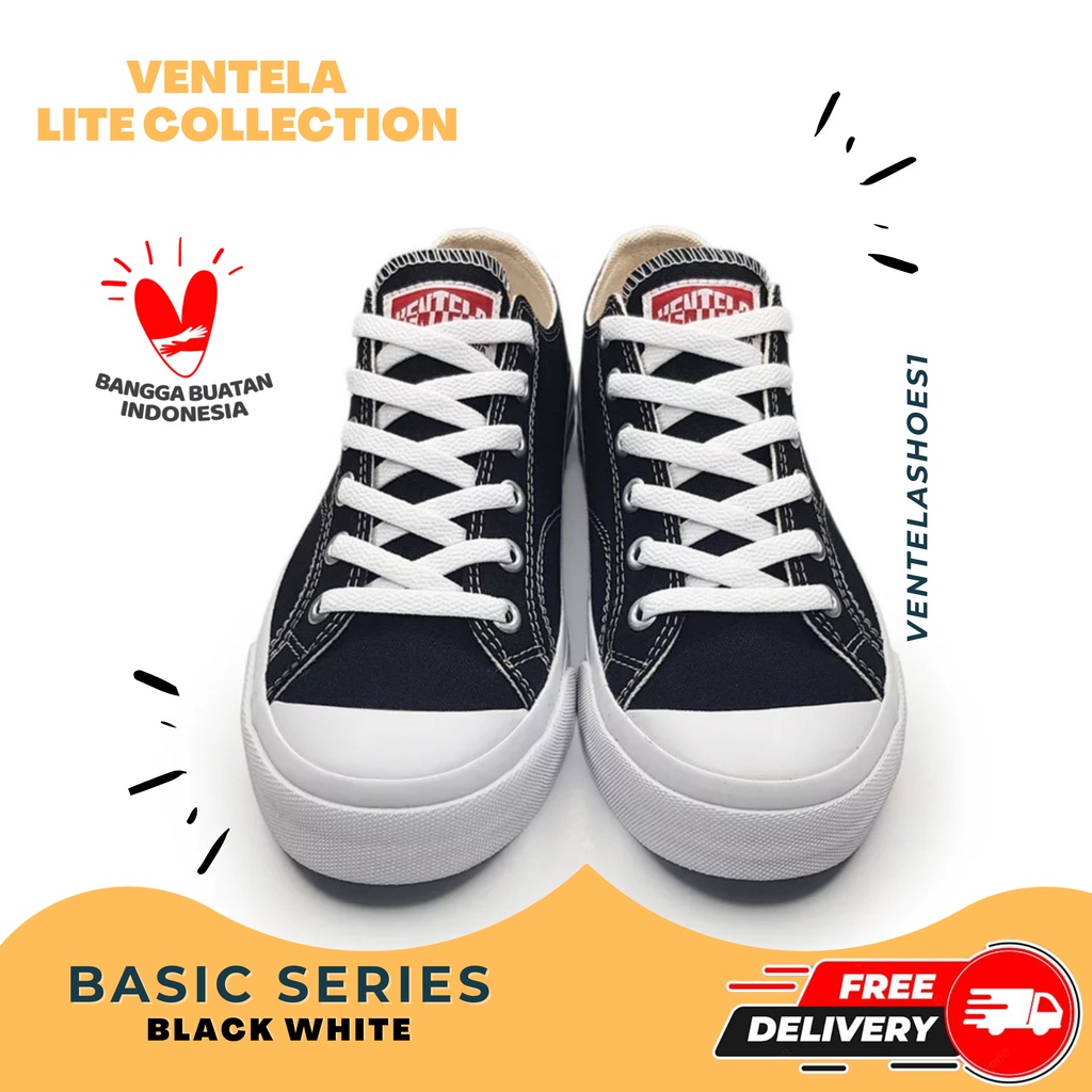 Sepatu Sneakers Hitam Putih Cewek Cowok | Ventela Basic Low | Vantela Vantella Ventella Ori Original