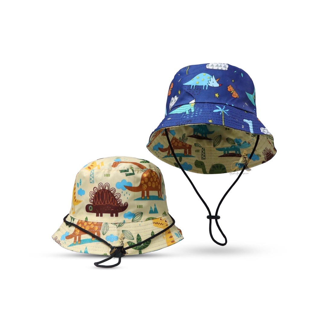 Topi Anak Perempuan Laki Laki Cowok Cewek 2 3 4 5 6 7 8 Tahun Bucket Hat Anak 1 FFD OOTD Fashion Anak Cowo Cewe Kecil Umur Balita Kado Kids Aksesoris Kepala Anak Lucu 1-Tali Dino Biru Krem