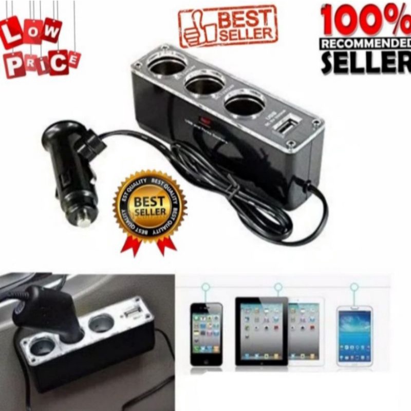 usb triple socket tr33 mobil truk 3 in 1 multifungsi Cigarette Lighter car Charger sarver Kipas mini