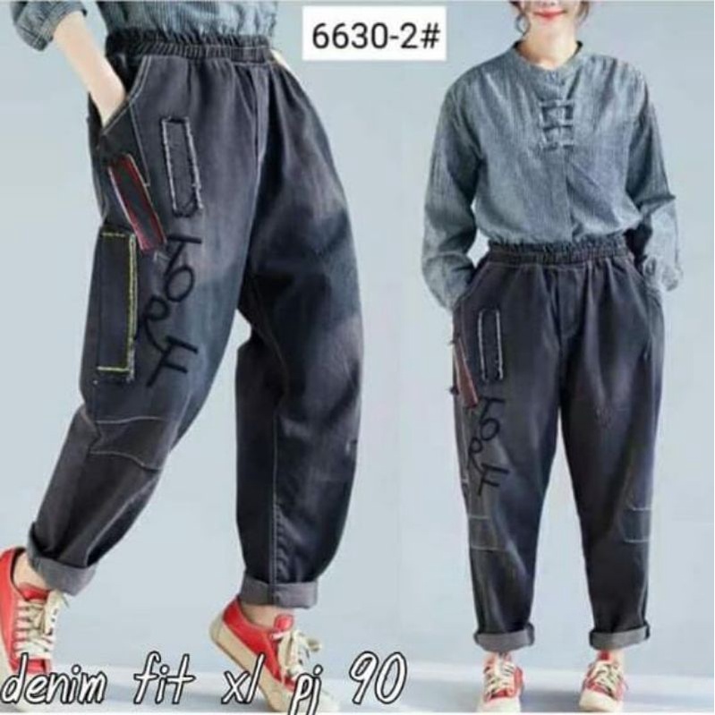 baggy jeans wash pinggang karet motif bordir saku