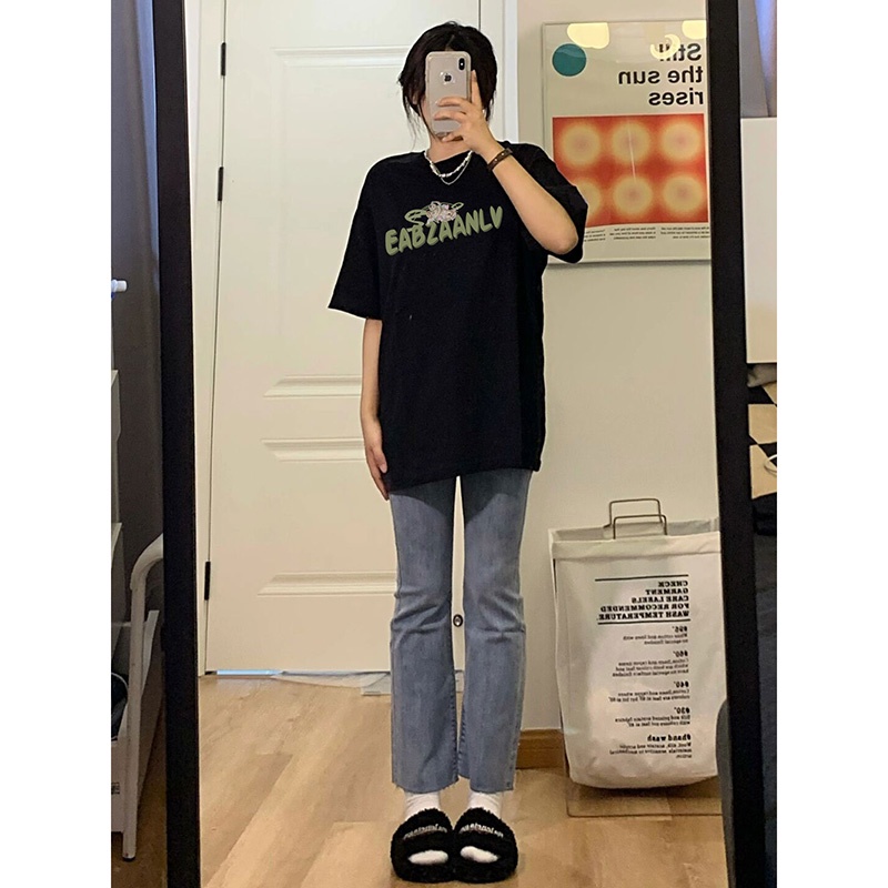 EUNII T-shirt Lengan Pendek Dewa Asmara Pencetakan Longgar Korean Style/Kaos Atasan Wanita/Baju Kaus Oversize Wanita