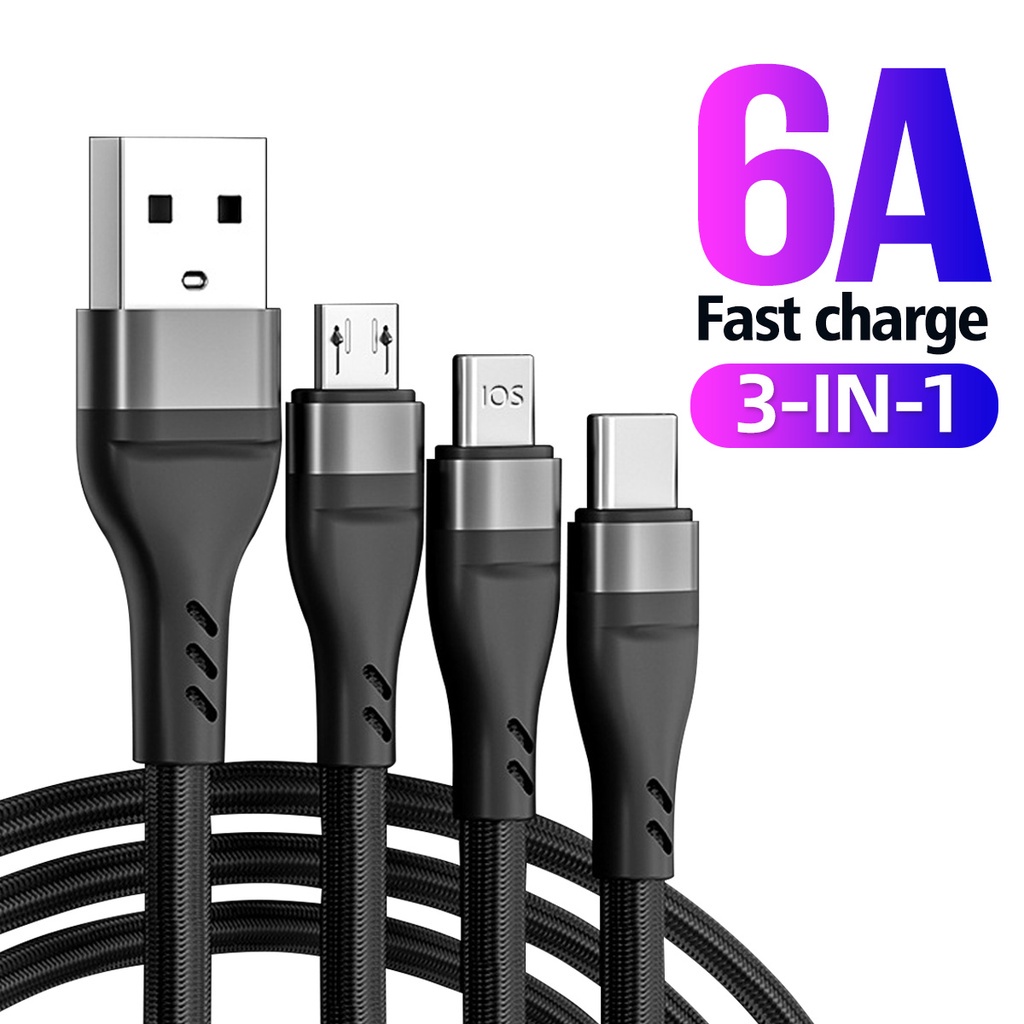 Kabel Charger 3 In 1 Fast Charging 6A Untuk Smartphone