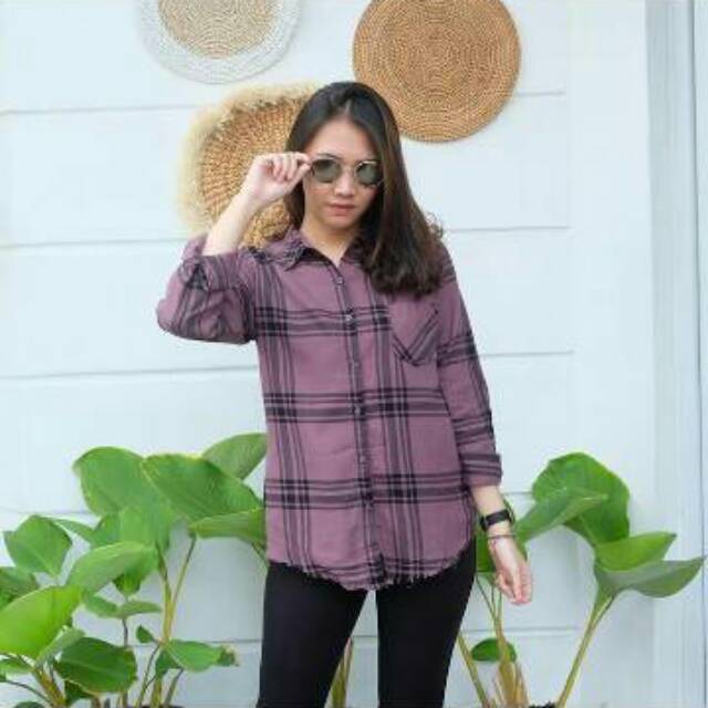 HnM Kemeja flanel coklat ungu wanita branded women brown basic shirt longsleeve kerja kantor casual